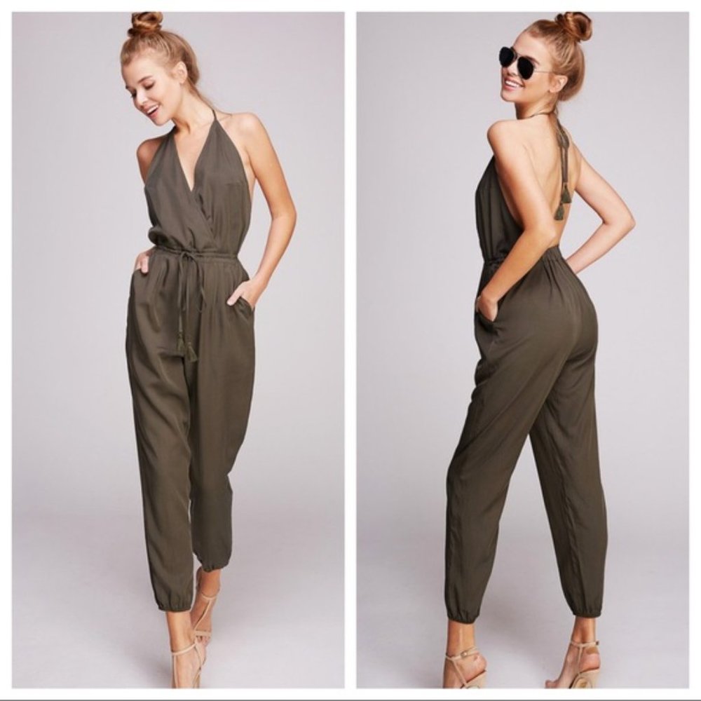 HELLO THERE HALTER OPEN BACK V-NECK JUMPSUIT-OLIVE - Picture 2 of 2
